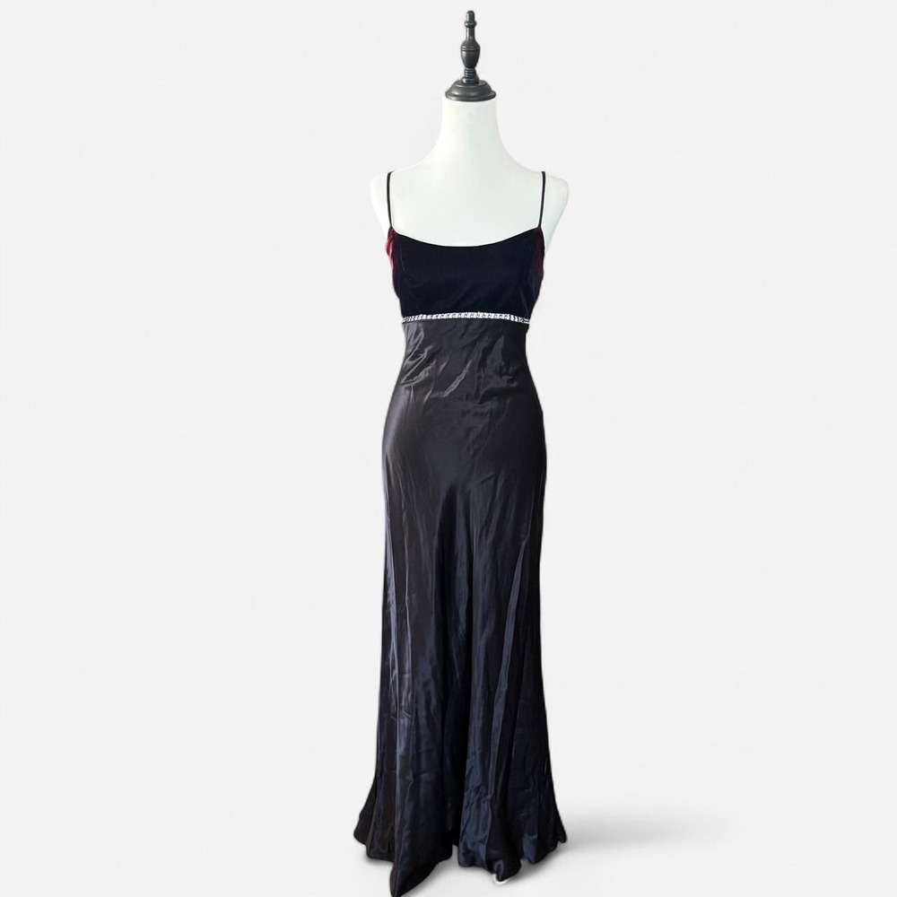 Jump Apparel Co Vintage 90s Y2K Black Burgundy Velvet Rhinestone Goth Maxi Dress